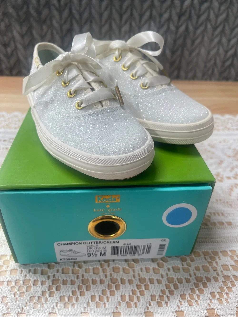 kate spade Kids' Glitter Ribbon Lace Sneakers in Cream